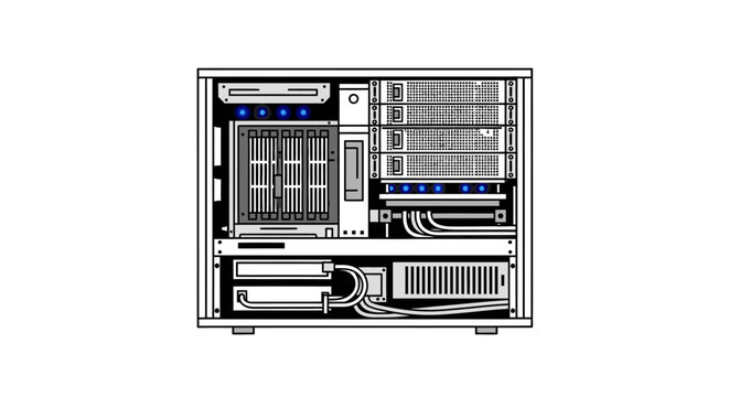 Internal view of a desktop computer case showing components like motherboard, RAM, hard drives, power supply, and fans.