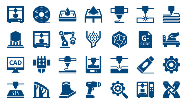 Collection of 3D printing technology icons representing additive manufacturing processes and related industrial concepts
