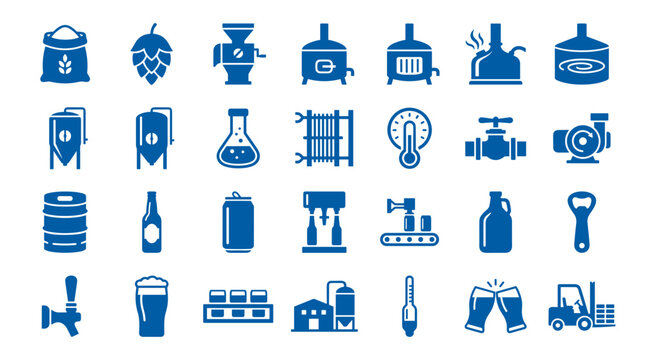 Brewery equipment icons set for beer production and craft brewing process symbols