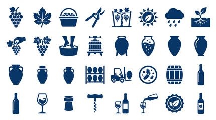 Obraz premium Collection of wine and vineyard icons representing the winemaking process from grape cultivation to bottling and storage for beverage industry and agriculture