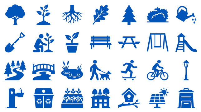 Collection of blue icons representing park elements nature activities and outdoor recreation for environmental design and urban planning concepts