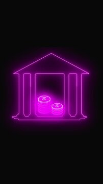 Neon lit temple showcases a glowing digital coin. Temple structure with futuristic concurrency symbol. Digital temple design representing the intersection of history and tech.