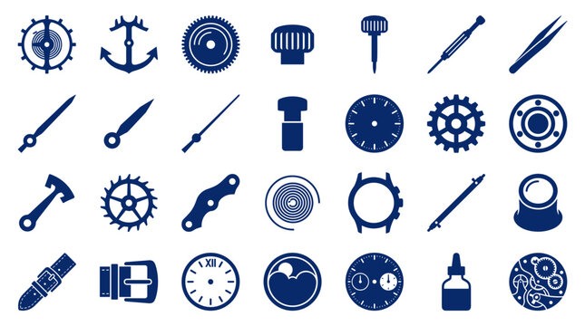 Collection of watchmaking tools and components, gears, hands, and watch faces, symbolizing precision engineering and craftsmanship in horology