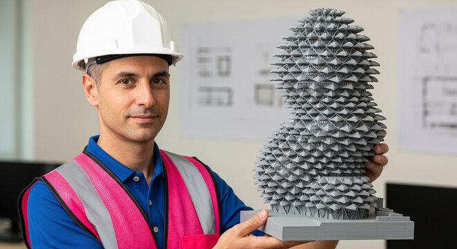 Man in hard hat and safety vest holding a complex 3D printed architectural model.