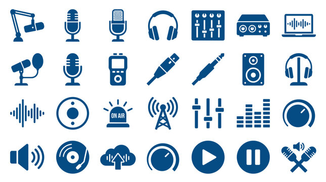 Collection of blue audio and sound recording equipment icons on a white background representing podcasting broadcasting and music production technology