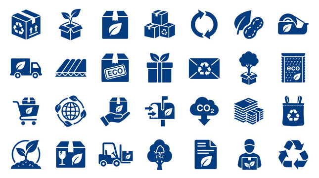 Eco friendly packaging and delivery icons set for sustainable business and environmental protection concepts
