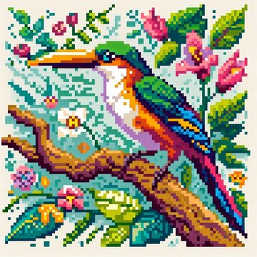 Tropical kingfisher bird pixel art illustration on tree branch