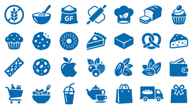 Collection of blue food and bakery icons representing healthy eating, baking, and grocery shopping for a balanced diet and lifestyle.
