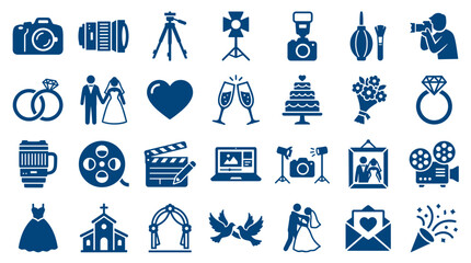 Collection of wedding and photography icons representing celebration love marriage and professional photo services © Iconique Studio
