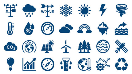 Naklejka premium Collection of weather and climate icons representing meteorology environmental science technology and global warming concepts