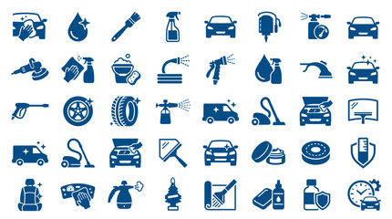 Comprehensive car wash and detailing icons set representing cleaning services and auto care products for professional detailing and vehicle maintenance © Iconique Studio