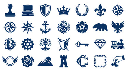 Collection of navy blue heraldic emblems and symbols representing business industry travel and nature concepts on white background © Iconique Studio