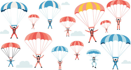 Colorful Parachuting and Skydiving Vector Set Featuring Diverse People Gliding with Open Parachutes in the Sky for Extreme Sports and Adventure Designs © MD