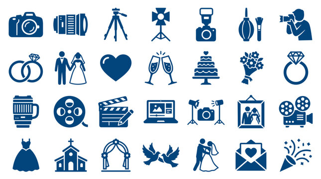 Collection of wedding and photography icons representing celebration love marriage and professional photo services