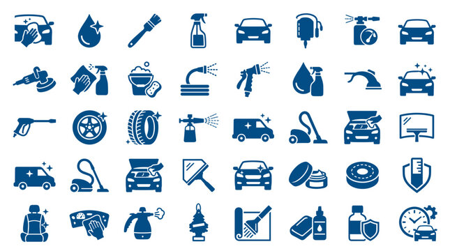 Comprehensive car wash and detailing icons set representing cleaning services and auto care products for professional detailing and vehicle maintenance