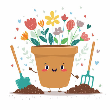 Cute Flower Pot Character with Gardening Tools and Flowers, Flat Illustration Style