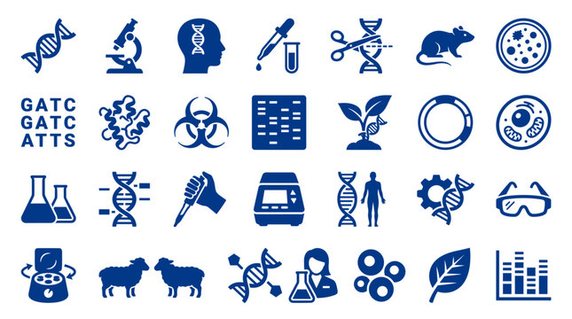 Collection of scientific research icons representing biotechnology genetics molecular biology and laboratory experiments