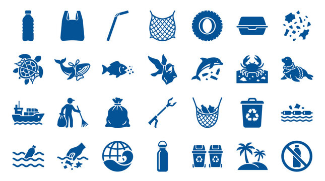 Collection of blue icons illustrating environmental pollution and conservation efforts including plastic waste marine life and cleanup actions