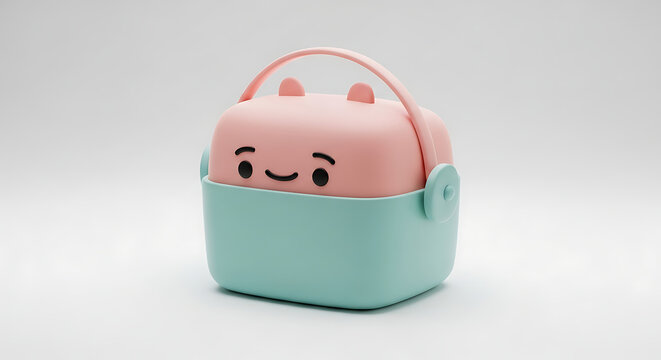 Cute cartoon lunch box with pink lid and blue base, adorable kawaii face, isolated on a light background, simple design