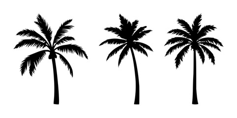 Fototapeta premium Resort palm tree set with solid black icon on white background featuring tropical, minimalist, vector design with flora and nature