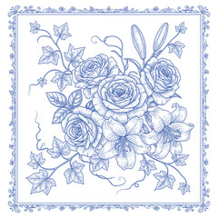 floral pattern with blooming lilies and swirling vines in vintage frame line illustration style.  © bow