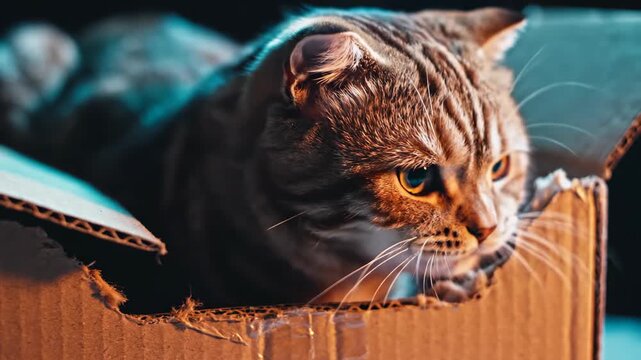 Adorable tabby cat sits inside a cardboard box