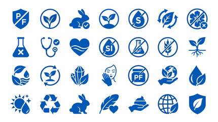 Fototapeta premium Collection of blue icons representing natural organic and eco friendly products symbols for health beauty and environment care