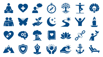 Fototapeta premium Collection of blue icons representing health wellness and lifestyle concepts including meditation nature and self care symbols