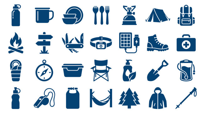 Collection of camping and outdoor adventure equipment icons for travel and recreation