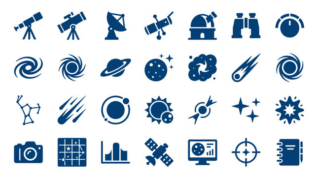 Collection of space and astronomy icons representing telescopes observatories satellites planets galaxies and scientific research tools