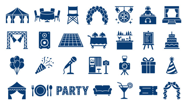 Collection of party and event icons and symbols representing celebration entertainment and festive occasions in a blue color palette
