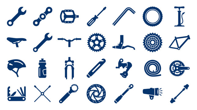 Collection of bicycle repair tools and parts icons representing maintenance and cycling equipment for sports and transportation