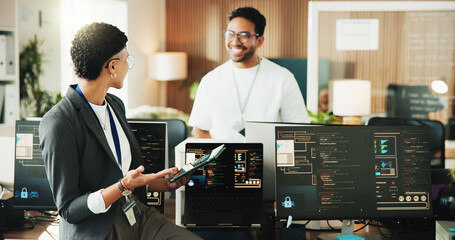 Tablet, programmer and meeting with business people in office for web developer, research and feedback. Code review, software engineer and database with employees in tech startup for it collaboration © peopleimages.com