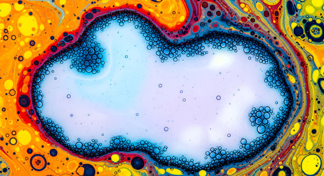 Swirling pattern of blue and orange liquid bubbles in abstract close- up close-up