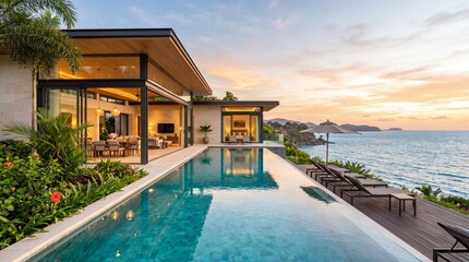 Fototapeta premium Stunning modern luxury house with pool, wooden terrace, and tropical garden. Breathtaking sea view during a colorful sunset. Perfect for holiday and real estate concepts.