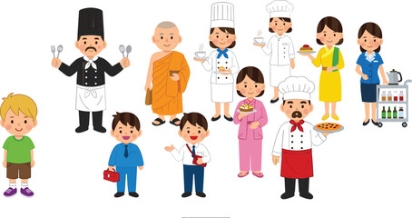Fototapeta premium People professions set chef waiter monk nurse businesswoman mechanic child characters cartoon diverse occupations vector illustration collection