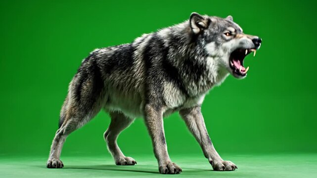Gray wolf standing on green screen with mouth open