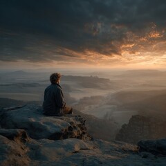 Obraz premium Person sitting on cliff overlooking misty valley at sunset