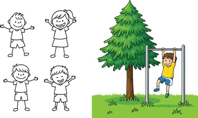 Kids playing outdoor park with tree and pull up bar stick figure children set cartoon vector illustration design