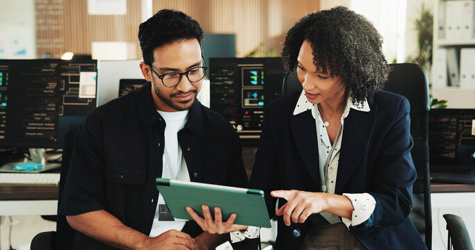 People, team and tablet with checklist for coding at office with programming, notes and smile at AI startup. Developer, woman and man with application, happy or insight with discussion at tech agency