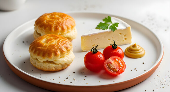 Delicious brie cheese plate with fresh tomatoes and biscuits
