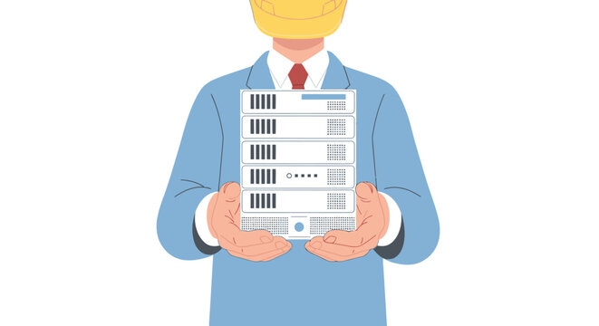 Man in hard hat and suit holding stack of computer servers, representing IT infrastructure or data center management