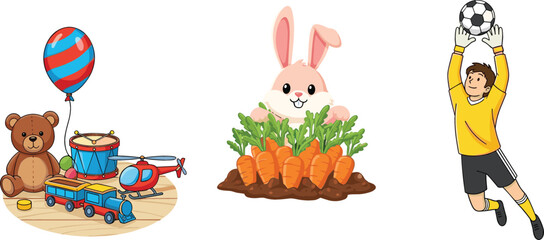 Fototapeta premium Kids toys set teddy bear balloon drum train helicopter cute bunny with carrots and soccer goalkeeper cartoon vector illustration collection