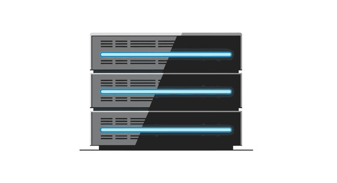 Stack of three modern servers with glowing blue lights on white background, representing data storage, cloud computing, and technology.