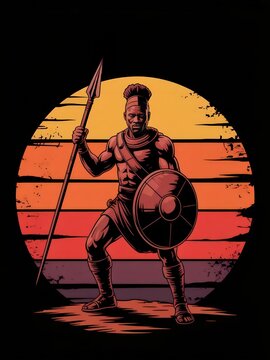 African warrior standing with spear and shield silhouette sunset background.