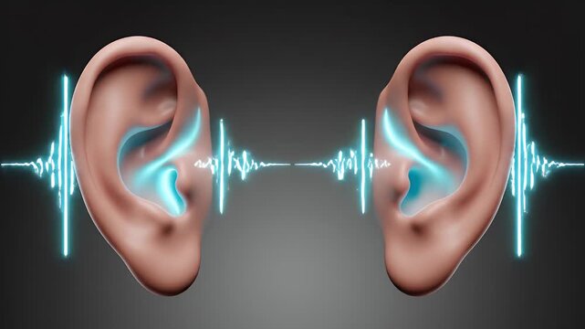 Binaural Hearing Concept With Two Mirrored Human Ears Displaying Glowing Blue Sound Waves Representing Auditory Perception On A Dark Gray Background For Educational Medical Presentations