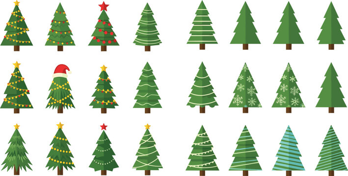 Christmas tree vector set with decorated and plain pine trees featuring ornaments, stars, garlands and snow in festive flat cartoon style illustration