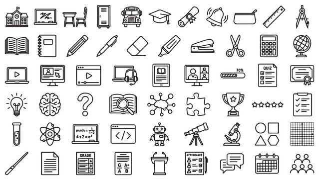 Education and school outline icon set for e-learning platform, academic app, classroom tools, or educational website UI design assets