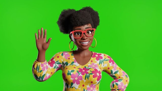 Cheerful Woman Waving on Green Screen Background