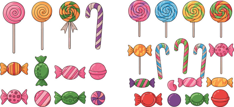 Colorful candy and lollipop vector set with swirled sweets, wrapped candies, candy canes and assorted treats in playful cartoon flat style illustration